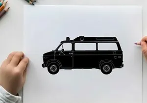 Silhouette of a classic camper van with roof vents and windows