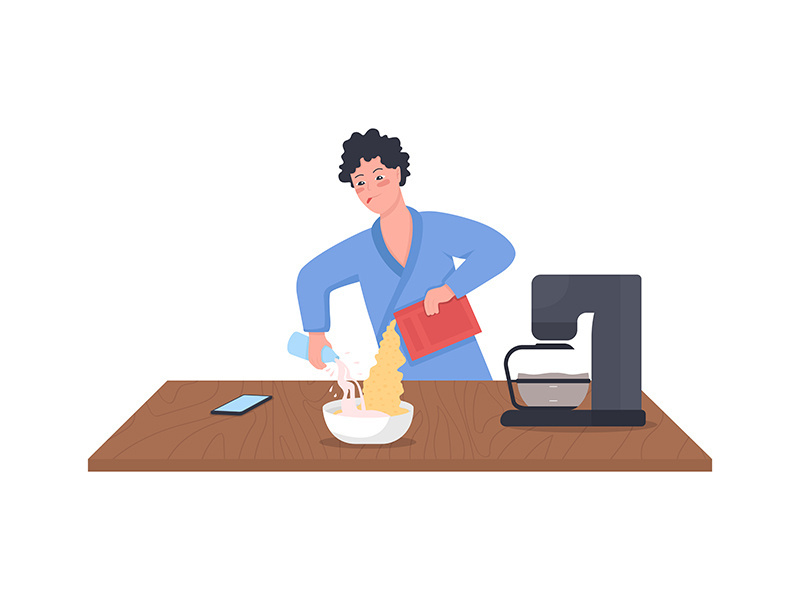 Man pouring milk in cereal flat color vector detailed character