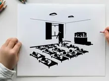 Silhouette of a person in a room with beds and silhouette