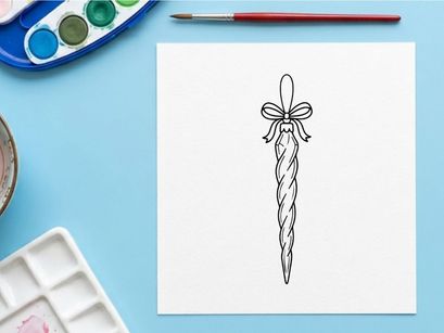 Christmas icicle ornament line art drawing with a decorative bow for holiday design