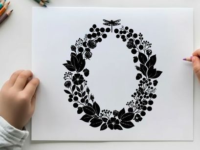 Silhouette of a floral wreath with a dragonfly on top