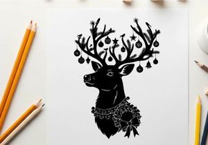 Christmas reindeer silhouette with ornaments and red nose