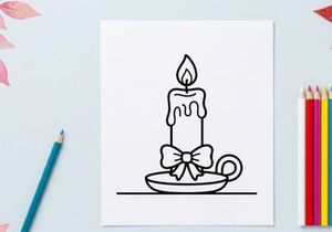Hand-drawn Halloween candle with melting wax and decorative bow. Spooky holiday illustration featuring a lit taper on a dish for festive decor.