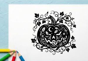 Halloween pumpkin with spooky face and decorative vines for fall decor
