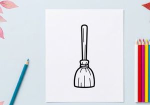 Ikon sapu terbang. Ilustrasi seni garis hitam putih sederhana dari sapu sihir.