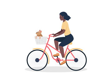 Woman biking with dog in basket semi flat color vector character preview picture