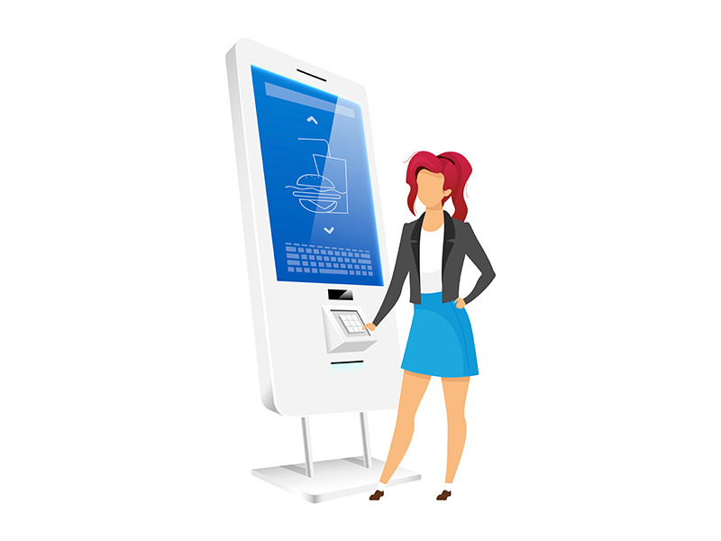 Girl using vending kiosk flat color vector faceless character