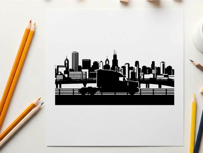 City skyline silhouette with truck on bridge