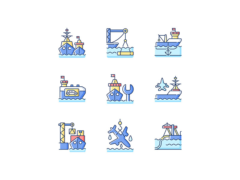 Shipping industry RGB color icons set