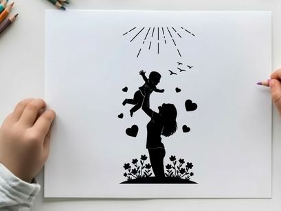 Silhouette of a woman holding baby with hearts and sun
