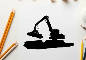 Silhouette of a large excavator machine in a black industrial setting