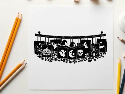 Halloween silhouette banner with various spooky decorations and silhouette