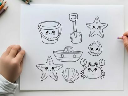 Cute sea animals and beach tools flat design vector illustration