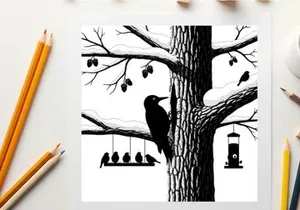 Silhouette of birds on a tree with bird feeders and branches