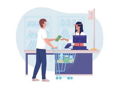 Buying groceries in shop 2D vector isolated illustration set