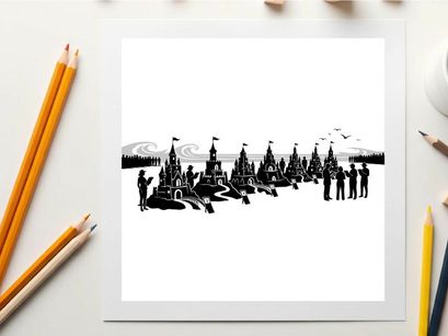 Silhouette of people and snowmobiles in a winter landscape