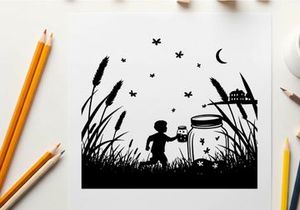 Child releasing fireflies in a serene silhouette landscape at dusk