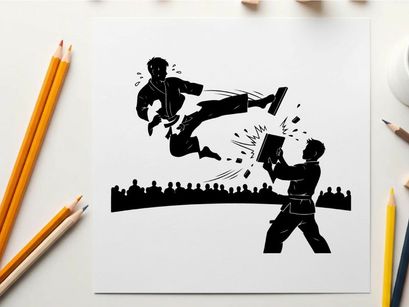Martial arts silhouette of a man breaking a board
