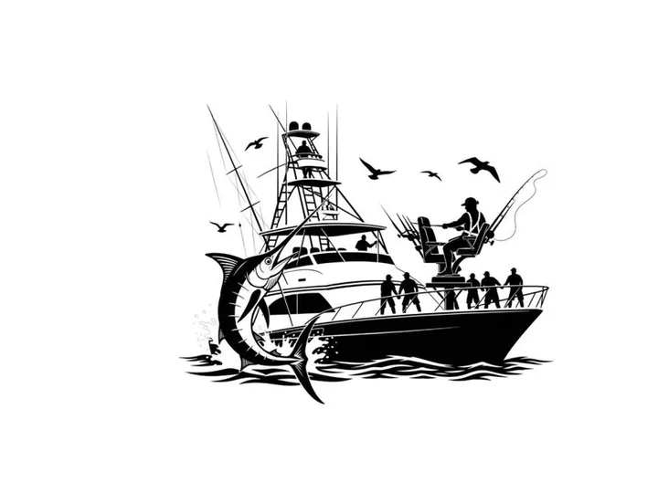 Silhouette of a fishing boat with a large catch and seagulls