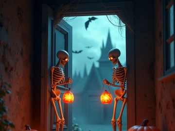 Halloween scene features skeletons holding jack-o'-lanterns. preview picture