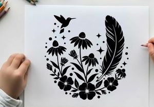 Silhouette of hummingbird flowers and feather with stars
