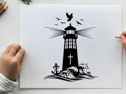 Lighthouse silhouette with cross and birds flying overhead