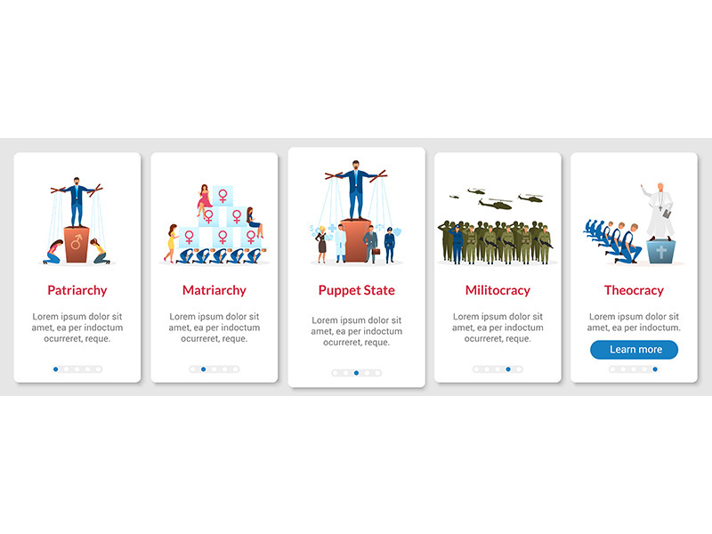 Political systems metaphors onboarding mobile app page screen vector template