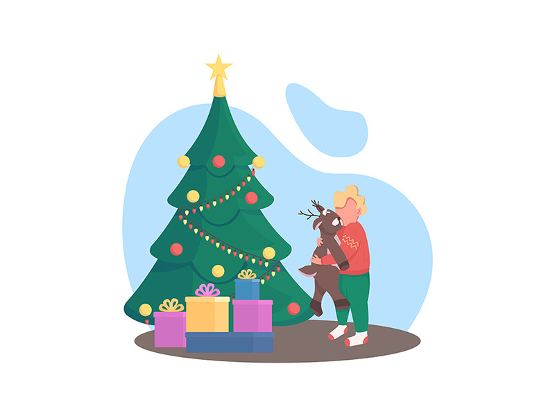 Kid with Christmas tree flat color vector faceless character