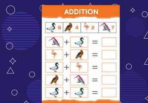 Addition with different birds for kids. An educational worksheet for kids. Vector design