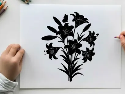 Silhouette of a bouquet of flowers with multiple blooms and leaves