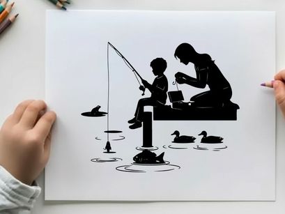 Silhouette of a man and boy fishing together by water