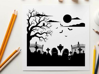 Silhouette of a spooky graveyard on a dark and eerie night