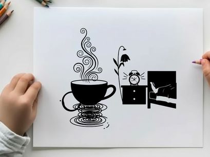 Silhouette of a steaming cup with flower and clock