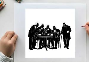 Silhouette of five men in suits gathered around a table with a sixth standing