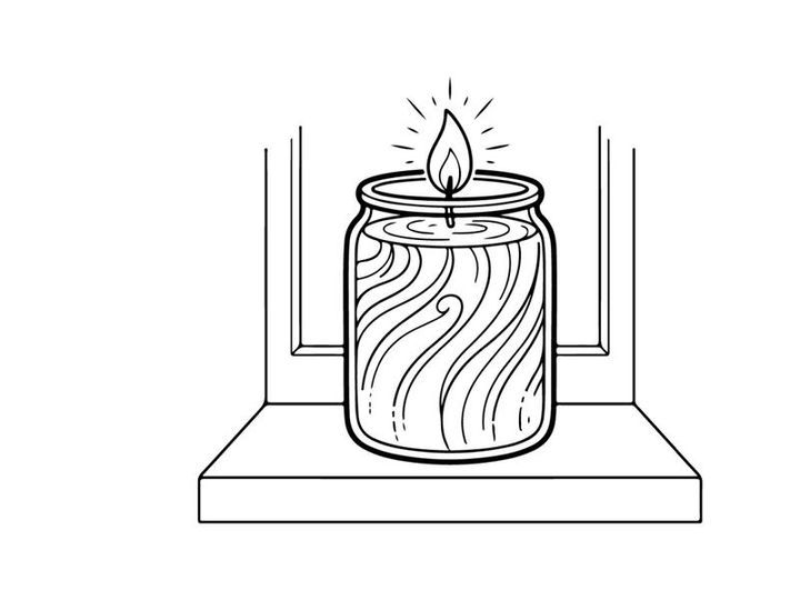 Line art illustration of a lit candle in a glass jar on a windowsill