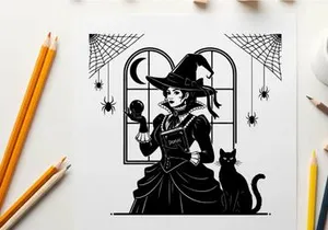 Silhouette of a witch and her black cat by a moonlit window