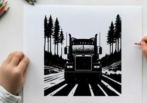 Black silhouette of a semi truck driving down a forest road