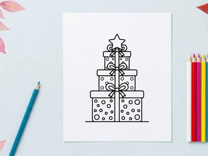Christmas gift boxes stack with star topper line art illustration for holiday design