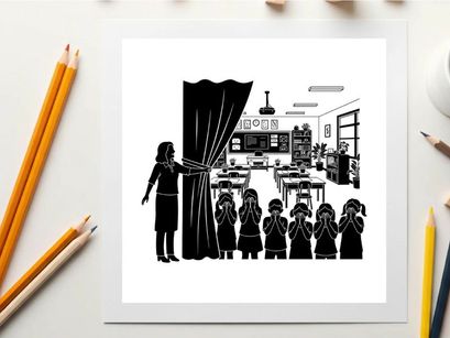 Silhoueta de un profesor y niños en un aula con cortinas