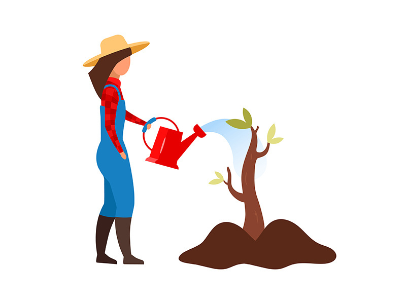 Female farmer watering sapling flat vector illustration