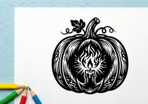 Black and white pumpkin with candle and floral design for Halloween