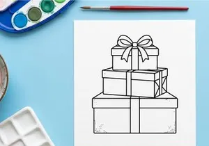 Stack of Christmas gift boxes with ribbons, black and white line art illustration.
