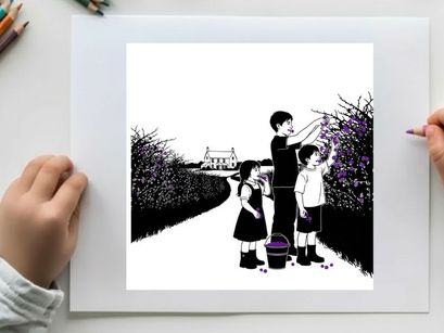 Children on a path with silhouette of boy picking flowers