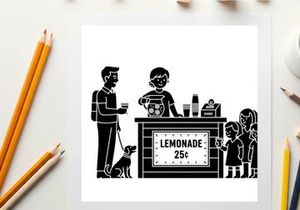 Silhouette of a man and kids buying lemonade from a boy