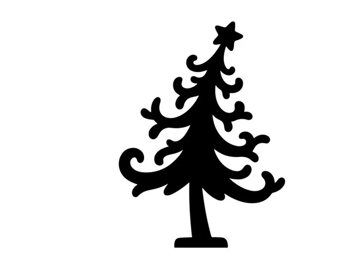 Black silhouette of a stylized Christmas tree with a star topper on white background.