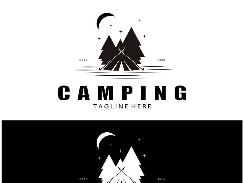 vintage and retro tent logo, camping. With tent, tree and bonfire sign. adventurers, scouts, climbers, camping equipment center