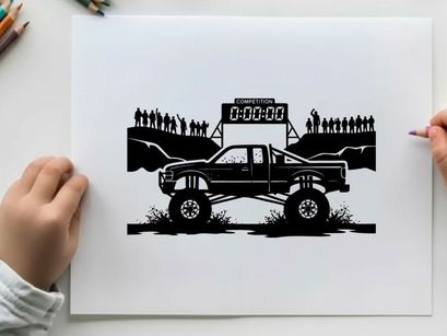 Truck silhouette racing on a track with a crowd and scoreboard