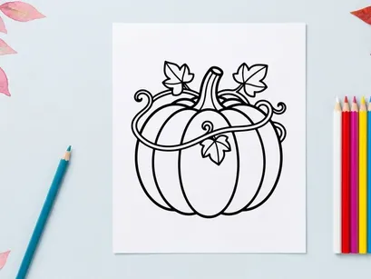 Süßes Kürbis mit Ranken und Blättern für Herbstdekoration. Symbol für Herbsternte, saisonale Dekoration, festlicher Mittelpunkt.