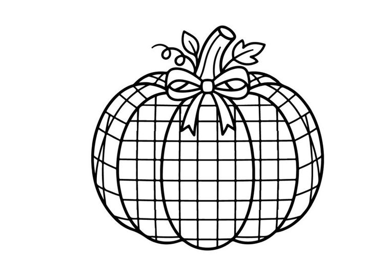 Plaid pumpkin line art illustration. Autumn harvest vegetable drawing with a decorative bow.