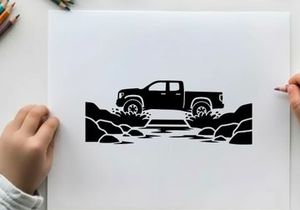 Silhouette of a pickup truck crossing a stream on a rugged terrain silhouette